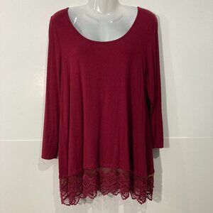 Emerald Womens 3/4 Sleeve Scoop Pullover Top Lace Red Rayon USA Size L
